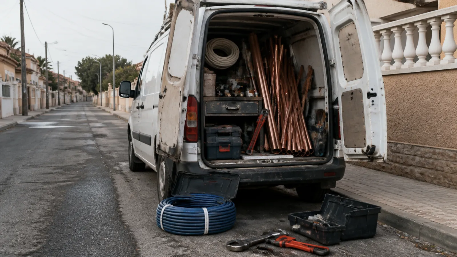 Furgoneta de fontanero con tuberías y herramientas abierta en una calle de Orihuela